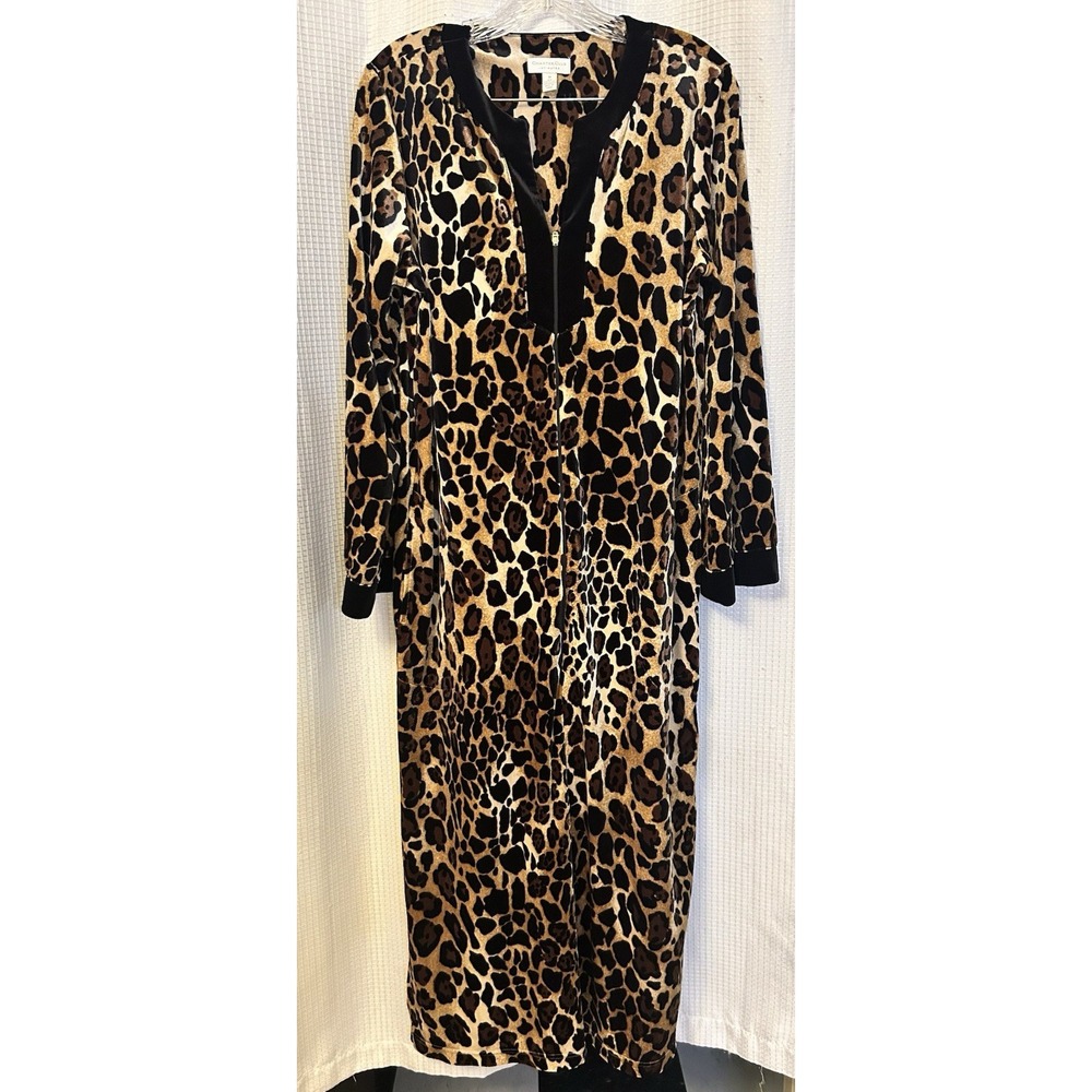 Leopard Animal Print Full Length Nightgown Velour M Mob Wife Old Hollywood Boho